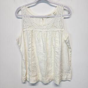 Cynthia Rowley Linen Lace Tank Top Size XL Ivory Pleated Round Neck Flowy Boho